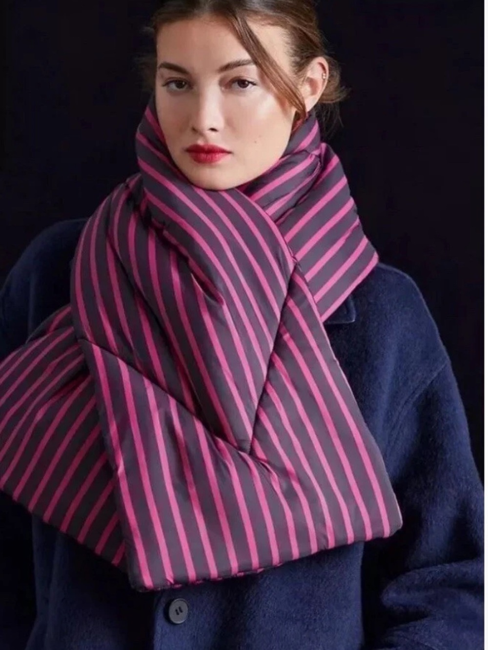Maeve Pink and Black Striped Puffer Scarf